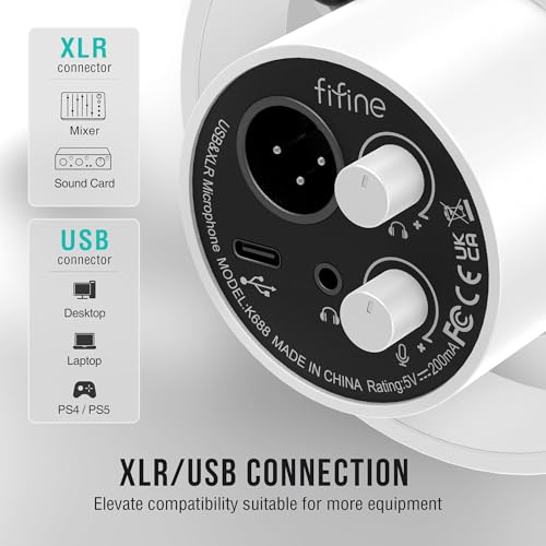 Image of FIFINE Podcast XLR /USB Microphone Kit, Studio Dynamic Vocal Mic for Recording, Streaming, Voice-Over, PC Microphone with Boom Arm with Mute, Headphone Monitoring, Metal-AmpliTank K688T White
