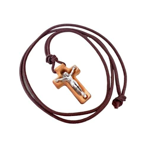 Catholic Cross Pendant Necklace, Wooden Wood Cross Charm