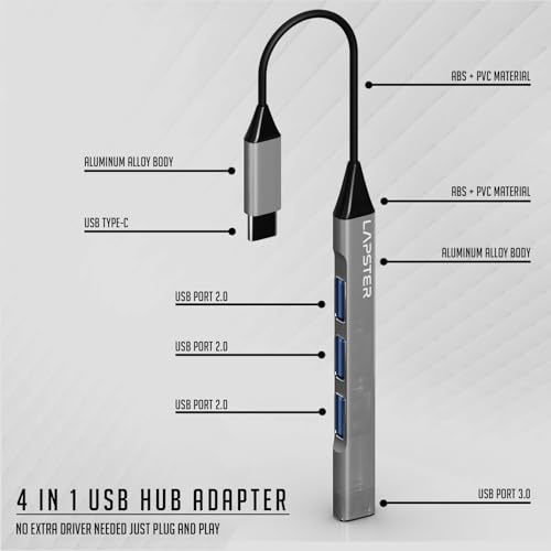 Image of Lapster USB C Hub (4-in-1), Type C Multiport Adapter with 1 x USB 3.0 & 3 x USB 2.0 Ports, up to 5 Gbps High Speed Data Transfer for Laptop, MacBook, PC (Grey)