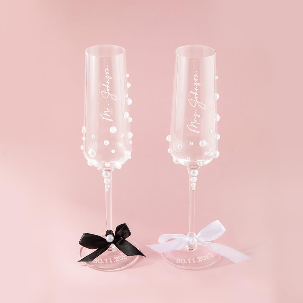 callie Personalized Champagne Flutes Set, Custom 2 Engraved Wedding Crystal 7.5oz Champagne Flutes Adorned with Pearls and Ribbon, Gift for Newlyweds Couple