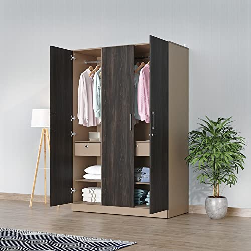 Image of Wakefit Wardrobe | 1 Year Warranty | Engineered Wood Almirah, Cupboard for Clothes Storage | 3 Door, 4 Shelves, 2 Drawers, 2 Hanging Space | Cashmere Plus - Frappe-Wyoming Maple