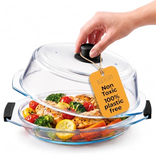 Bezrat 2in1 Glass Microwave Plate and Cover/Splatter Guard Lid with Easy Grip silicone handle 100% Food Grade BPA Free and Dishwasher safe (Black)