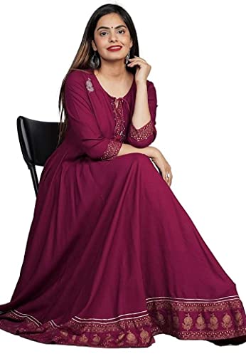 Image of Women's Rayon Golden Flroal Printed Anarkali Kurti