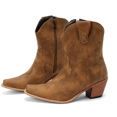 Women's Fashion Walking Ankle Boots Side Zipper Square Toe Block Heel Western Cowboy Low Chunky Leather Booties2