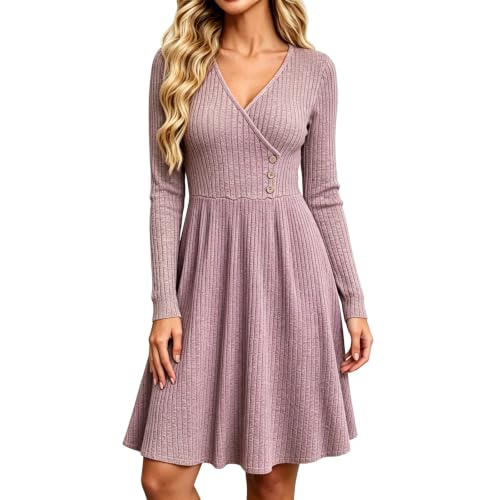 GOSEAGOTOFUN Sweater Dresses for Women Long Sleeve V Neck Knit Dress Casual Button A Line Dress Fashion Party Holiday Clothes Rose Gold Small - image 2