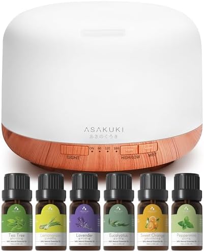 ASAKUKI 500ml Essential Oil Diffuser with 6x10ml Essential Oils S...