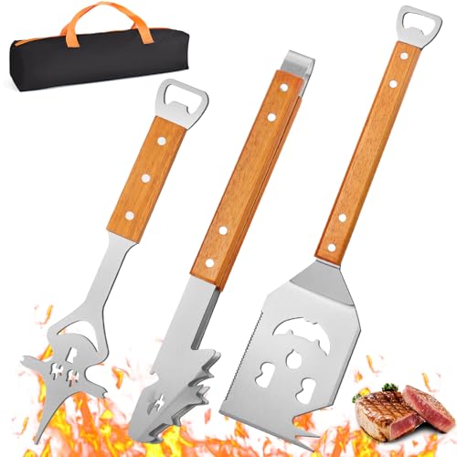 SeyYega BBQ Grillbesteck Set 3-TLG, Extra Langes Grillwerkzeug, Edelstahl Holzgriff, Grill Zubehör mit Grillzange, Grillwender, Fleischgabel Extra-Langen Holzgriffen und Aufhängeösen