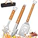 SeyYega BBQ Grillbesteck Set 3-TLG, Extra Langes Grillwerkzeug, Edelstahl Holzgriff, Grill Zubehör mit Grillzange, Grillwender, Fleischgabel Extra-Langen Holzgriffen und Aufhängeösen