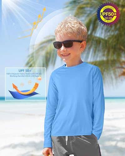 Image of Boys UPF 50+ Rash Guard Swim Shirt, Kids Youth Long Sleeve Sun Protection UV Rashguard Shirts for Water Surfing Beach