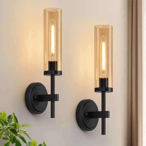 Image of MOKATNG Hardwired Wall Sconces Set of Two, Matte Black Bathroom Sconces with Amber Glass, Modern Wall Light Fixtures for Bathroom Mirror Vanity, Living Room, Hallway, Stairway, Cabinet, Foyer