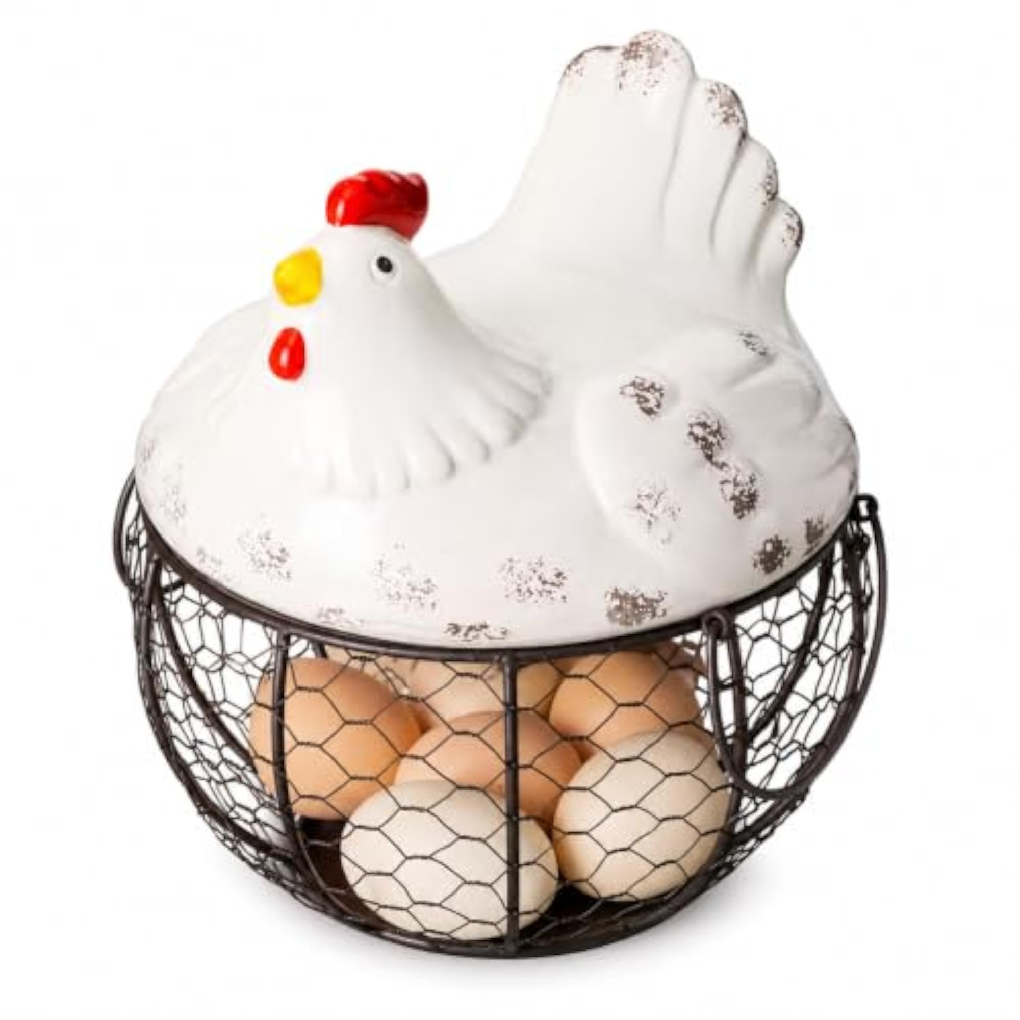 Farmhouse Chicken Egg Basket with Ceramic Hen Lid, Rustic Storage