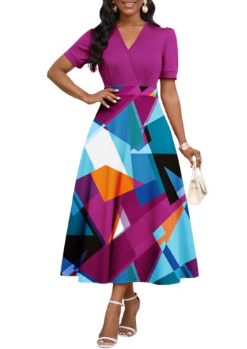 Image of MarryUP Women's Midi Dresses - V Neck Cocktail & Church Tea Dresses - Short Sleeve A-Line Swing Dress