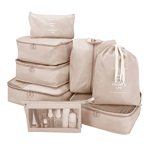 Image of Niwlix 8 Pcs Travel Organizer Pouch Packing Cubes for Travel Clothes Space Savers Bags Cosmetics/Underwear/Socks/Shoes Toiletry Organiser Pouch (Beige, Nylon)