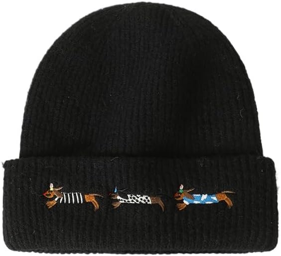 Dachshund Embroidered Knitted hat Warm Cold hat for Women in Winter Outdoor Cold ski Beanie