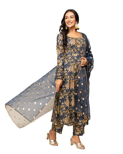 Image of FIORRA Women's Navy Blue Cotton A-line Kurta with Pant and Dupatta
