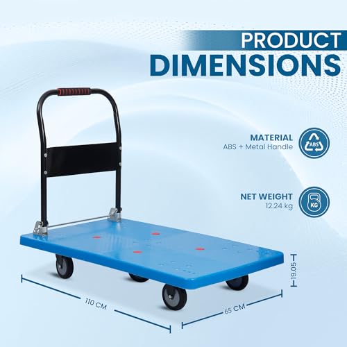 Image of Robustt 500 Kg Heavy-Duty Foldable Platform Trolley (Blue) | Plastic Hand Truck with 360 Rotating Wheels & Cushioned Grip | Material Handling Cart for Home, Office, Warehouse & Industrial Use