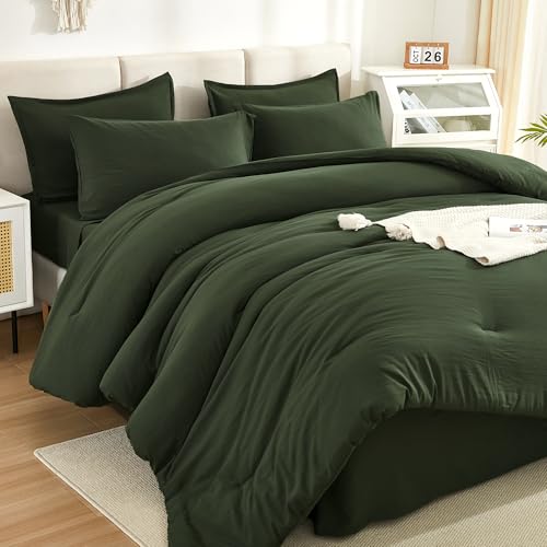 Litanika Dark Olive Green California King Size Comforter Set - 7 Pieces Bed in a Bag Cal King Bedding Comforter Sets, Plain Lightweight Bed Set with Comforter, Sheets, Pillowcases & Shams