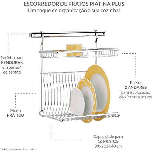 Escorredor de Pratos Capacidade para 16 Pratos Piatina Plus, 33 x 22,5 x 40 cm,Aço Inox, Brinox