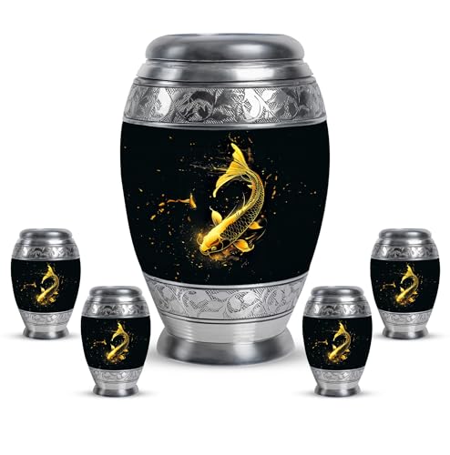 KARYLIZ Gold Fish Small Urns for Human Ashes Keepsake - Blue Cremation Adult Urns for Human Ashes Women - Large Urn for Adult Male - Urn for Father 1 Large & 4 Keepsake