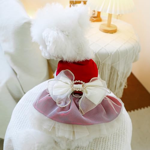 Image of HDKUW Small Dog Dress, Girl Puppy Lace Princess Skirt Tutu Dress with Bowknot,Chihuahua Yorkie Clothes Outfit for Birthday Wedding Party Red XL