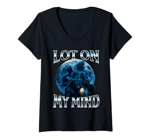 Womens Lot On My Mind Alpha 3 Wolf Moon Galaxy Meme Brainrot Weird V-Neck T-Shirt