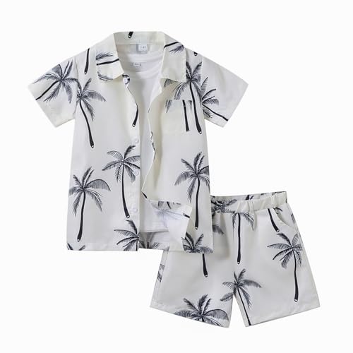 Voxikidio 7 8 Years Boys 2 Piece Outfits Hawaiian Vacation Beach Short Sleeve Button Down Shirt and Shorts Sets Fashion Clothing (Whit 7-8Y)