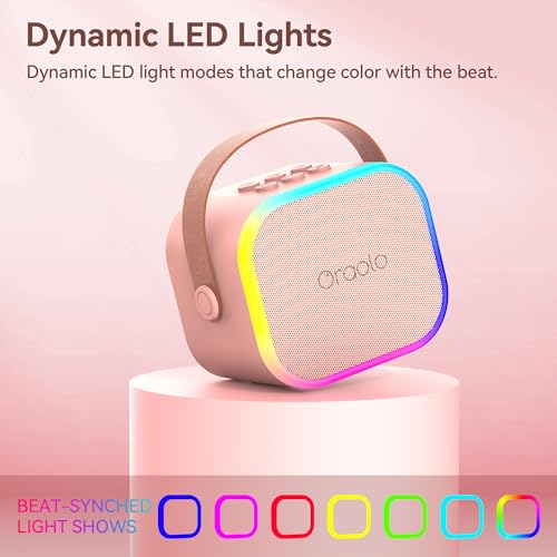 Image of Oraolo Karaoke Machine with 2 Wireless Microphones, Portable Mini Karaoke for Kids, Speaker Support Multi-Channel Connection, Funny Magical Sound Modes, Birthday Gifts for Girls Boys (Pink