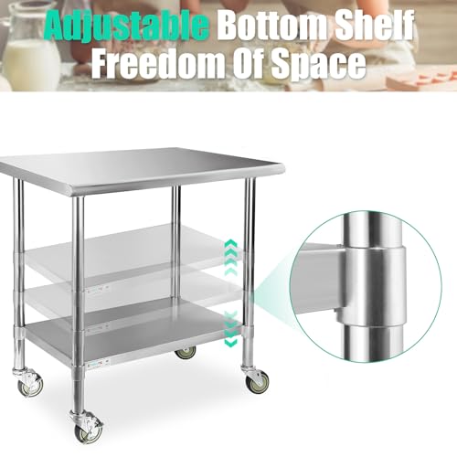 Image of STABLEINK NSF Stainless Steel Small Table 18x30 Inches with Wheels, Metal Prep & Work Table with Adjustable Undershelf, for Commercial Kitchen, Restaurant, Hotel and Garage