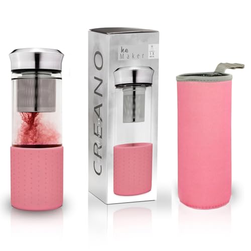 Creano Teebereiter Teamaker - Teeflasche to go aus Glas mit Sieb für losen Tee inkl. Neoprentasche | 400ml (Rosa) Creano Teebereiter Teamaker - Teeflasche to go aus Glas mit Sieb für losen Tee inkl. Neoprentasche | 400ml (Rosa)