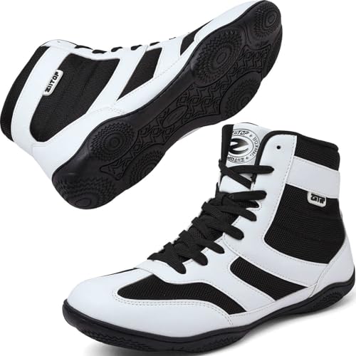 Wrestling Shoes Men Boxing Shoe for Mens Weightlifting Powerlifting Deadlift Squatting High Top Fitness Zero Drop Black/White
