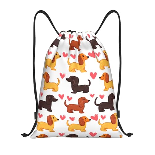 Drawstring Backpack - Cute Heart Dachshund Print Sports Gym Sackpack String Bag For Women Men, Lightweight Draw String Back Bag For Workout Travel