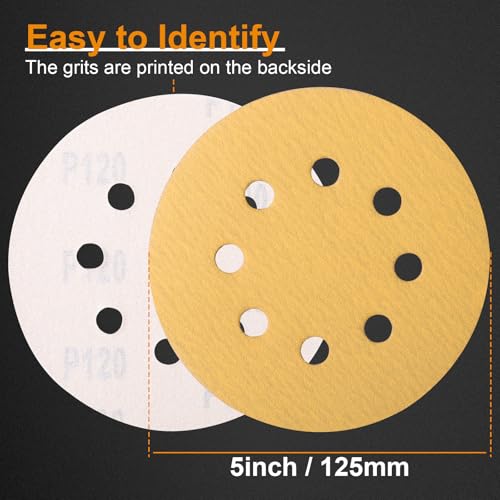Image of 100 PCS 5 Inch 120 Grit Hook and Loop Gold Sanding Discs Sandpaper