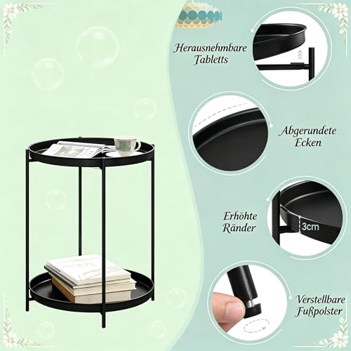 Mesa auxiliar redonda para ahorrar espacio en salones pequeños con dos niveles de metal negro 5