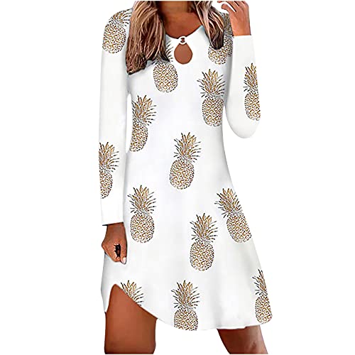 SHOPESSA Women s Shift Dress Long Sleeve Mid Length Feather Print Dress for Women Keyhole Cut Out Casual Cute Dresses Yellow