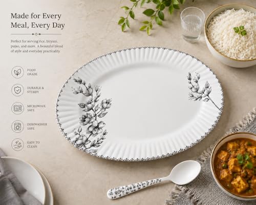 Image of Melvio By Malti Oval Rice Tray for Dining & Serving | Premium Melamine Serving Platter with Elegant Floral Design | Dishwasher Safe Rice Plate for Biryani, Pulao | White, 14.25 Inch