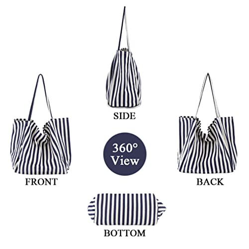 Image of Striped Canvas Tote Handbag for Women Vertical Stripe Large Capacity Shoulder Bag for Shopping Travel