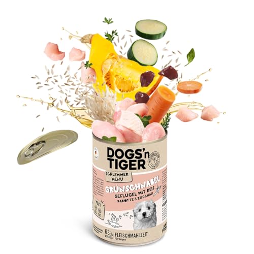Dogs’n Tiger Junior, Hundefutter, Grünschnabel, Hundenassfutter für Welpen mit Huhn, Reis und Gemüse, ohne Getreide, Zuckerzusatz, künstliche Konservierungsstoffe, 6X 400g