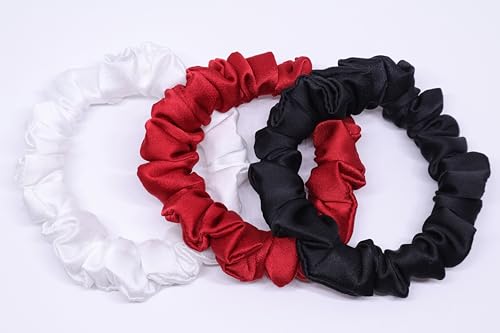 Image of Satin Scrunchies Hair Bands for Women | No-Damage Elastic Hair Ties for Ponytails & Buns | Fluffy & Stylish Rubber Bands | Free Size | Pack of 3 (Set of White, Maroon Red, Black Color)