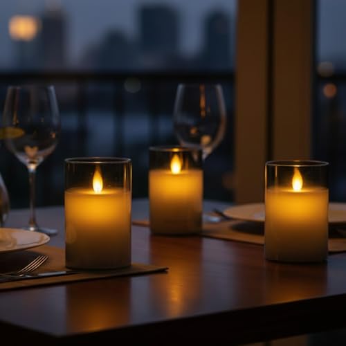 Image of LTETTES Real Wax LED Glass Pillar Flameless Rechargeable Candles | Grey Glass | USB Type-C Charging Cable | Remote Control Included | Home Decor & Gifting | Set of 3 (H-4 inch,5 inch,6 inch x D-3 inch)