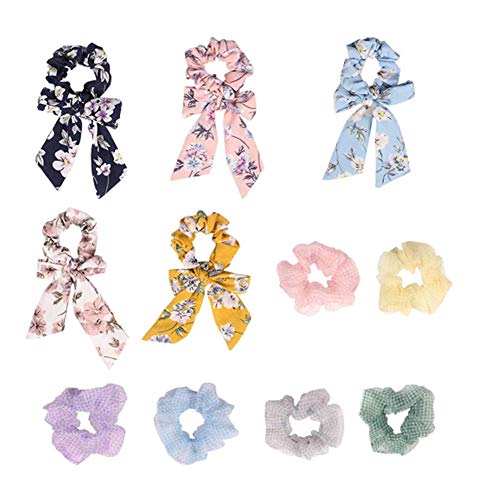 Tingyuan 11 PCS Hair Scrunchies Set, Including 5 Pcs Chiffon Bow Ribbon Satin Floral Hair Elastics Bands and 6 Pcs Translucent Organza Scrunchy Hair Ties, Hair Ropes