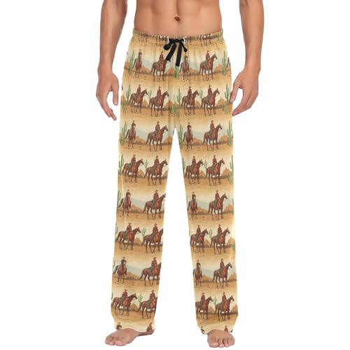 Cowboy Rides A Horse Across The Desert Men's Pajama Pants Soft Lounge Lightweight with Drawstring and Pockets