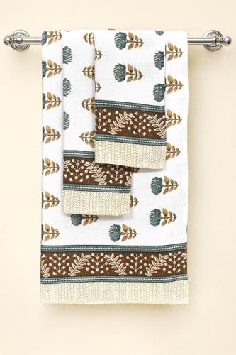 Image of Mafatlal Madhuban Quick Dry Cotton Set (1 Bath 147x76 cm + 2 Hand 76x38 cm) | 250 GSM | Lightweight, Hand Printed Floral | Myristica