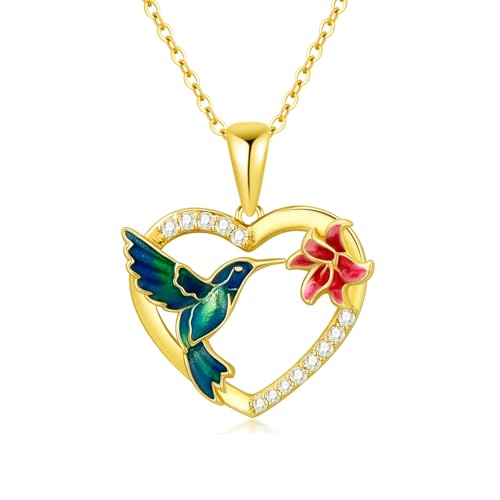 14K Solid Gold Hummingbird Necklace with 5A Cubic Zirconia for Women,Real Gold Heart Animal Pendant Necklaces Jewelry Gifts Christmas Birthday for Mom Wife,16+2 inch