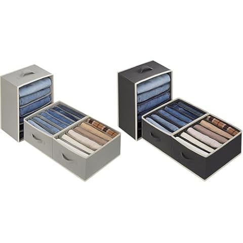 Baesyhom 6 Pcs Large Size Wardrobe Clothes Organizers 6 Grids for Pants, Jeans, Sweater, T-shirt, Thin Coat, Dress Stackable Closet Drawer Organizer Storage Bin with Sturdy Handles, Grey & Black Cover