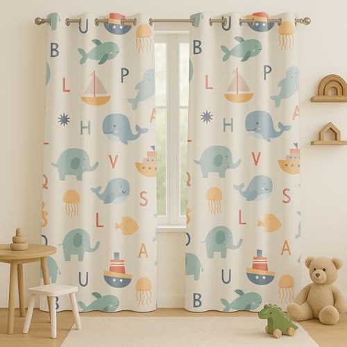Image of STITCHNEST Velvet Kids Curtains Pack of 1 | Alphabet & Animal Print | Semi Blackout Curtains for Baby & Toddler Room | 7 Feet