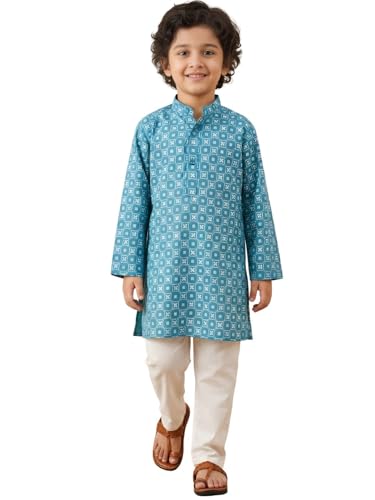 Image of AJ DEZINES Boys Cotton Full Sleeve Printed Kurta Pajama Set for Kids - Ethnic wear | Special Occasion & Traditional Outfit |Boys Kurta Pyjama Set - Regular Fit