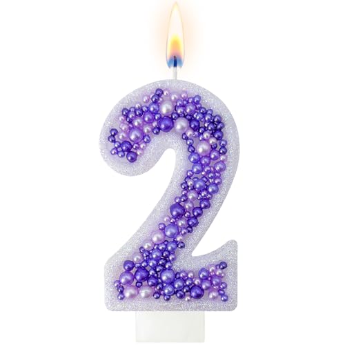 AEYSYU Purple Number 2 Cake Candle with Pearl Decor, Glitter Birthday Cake Topper Candle for Milestone Celebration, Lavender Decorative Number Candle for Dessert Table Decor