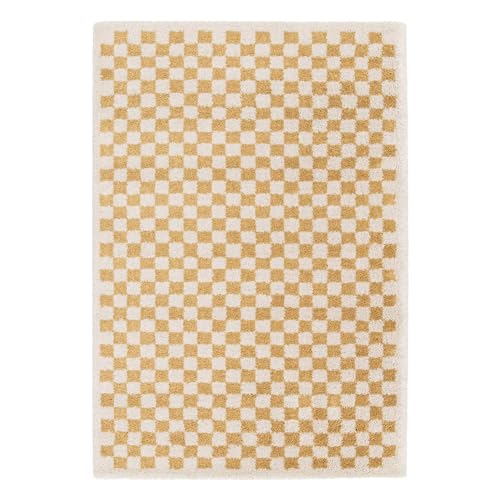 sweeek - Tapis intérieur Shaggy Poils Longs 80x150cm Damier Jaune Moutarde et crème