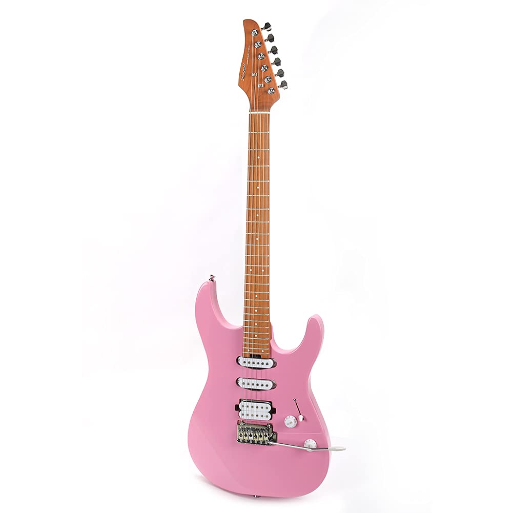 Electric Guitar Reverse Headstock Solid-Body Electric Guitar with Gig Bag, Heel-Mounted Spoke Wheel, S-S-H Pickups, Roasted Maple Neck & Fingerboard, Pink