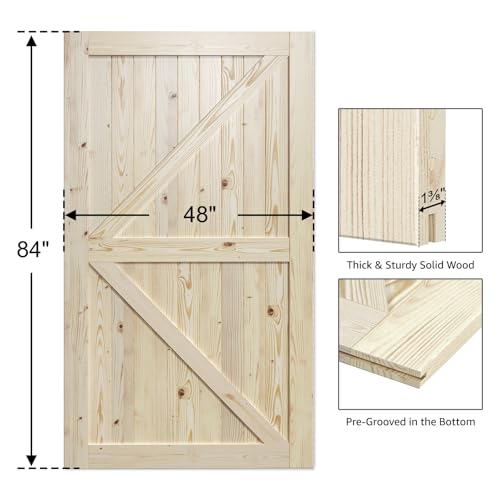 Image of SmartStandard 48in x 84in Sliding Barn Wood Door Pre-Drilled Ready to Assemble, DIY Unfinished Solid Spruce Wood Panelled Slab, Interior Single Door Only, Natural, K-Frame (Fit 8FT Rail)